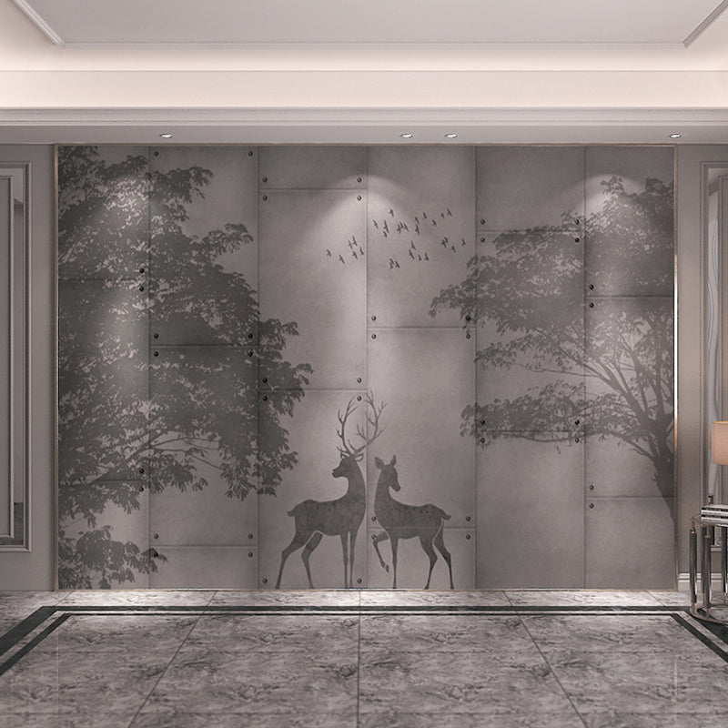 Traditional Deer and Forest Mural in Grey Non-Woven Fabric Wall Covering for Home Decor, Custom-Made Clearhalo 'Wall Decor' 'Wall Mural' 969567