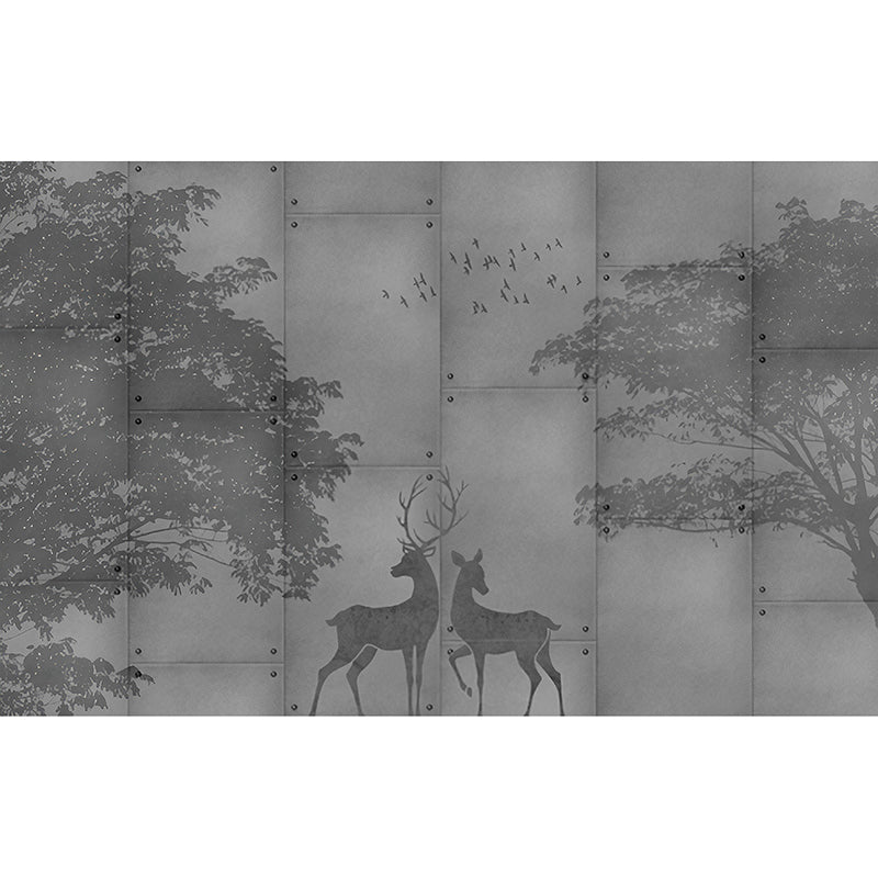 Traditional Deer and Forest Mural in Grey Non-Woven Fabric Wall Covering for Home Decor, Custom-Made Clearhalo 'Wall Decor' 'Wall Mural' 969568