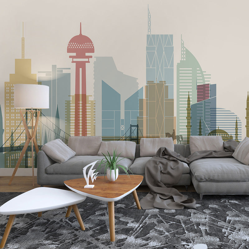 Extra Large Illustration Building Mural for Office Room, Pastel Color, Made to Measure Blue-Pink-Yellow Clearhalo 'Wall Decor' 'Wall Mural' 969625