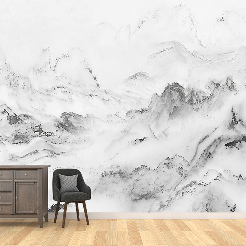 Big Mountain Mural Wallpaper for Living Room 3D Effect Wall Covering in Soft Grey, Stain-Resistant Clearhalo 'Wall Decor' 'Wall Mural' 969707