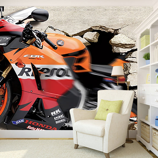 Big Photo Vintage Mural Wallpaper for Accent Wall with Motorcycle in Orange and Red Clearhalo 'Wall Decor' 'Wall Mural' 970025