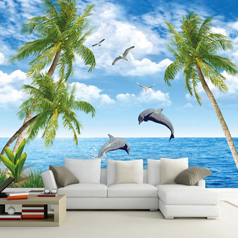 Big Photo Simple Mural Wallpaper for Living Room with Seagull and Coconut Tree in Blue and Green Blue Clearhalo 'Wall Decor' 'Wall Mural' 970057