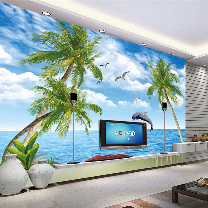 Big Photo Simple Mural Wallpaper for Living Room with Seagull and Coconut Tree in Blue and Green Clearhalo 'Wall Decor' 'Wall Mural' 970058