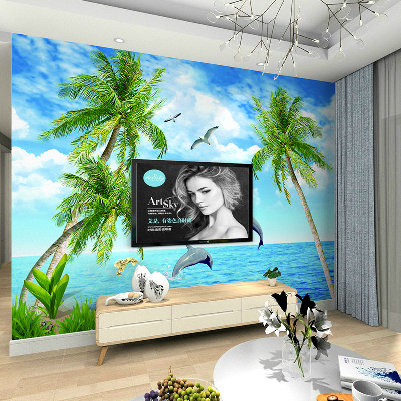 Big Photo Simple Mural Wallpaper for Living Room with Seagull and Coconut Tree in Blue and Green Clearhalo 'Wall Decor' 'Wall Mural' 970059