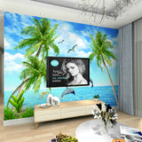 Big Photo Simple Mural Wallpaper for Living Room with Seagull and Coconut Tree in Blue and Green Clearhalo 'Wall Decor' 'Wall Mural' 970059