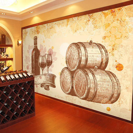 Wine and Dishes Wall Mural in Yellow, Retro Wall Art for Restaurant Clearhalo 'Wall Decor' 'Wall Mural' 970083