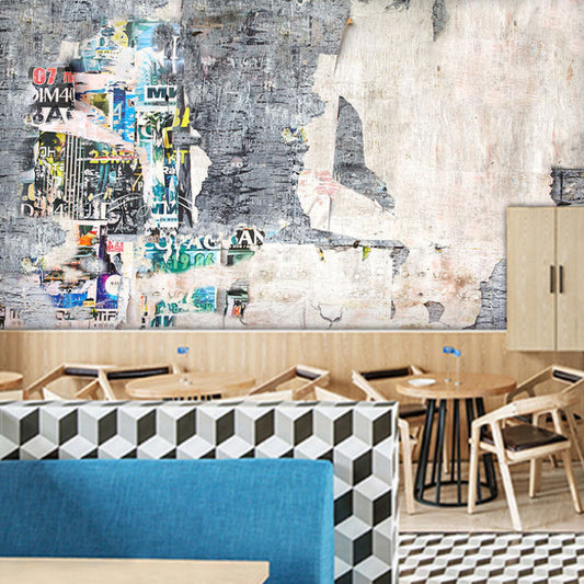 Big Illustration Industrial Mural Wallpaper for Coffee Shop with Cement Wall and Graffiti in Grey Clearhalo 'Wall Decor' 'Wall Mural' 970118