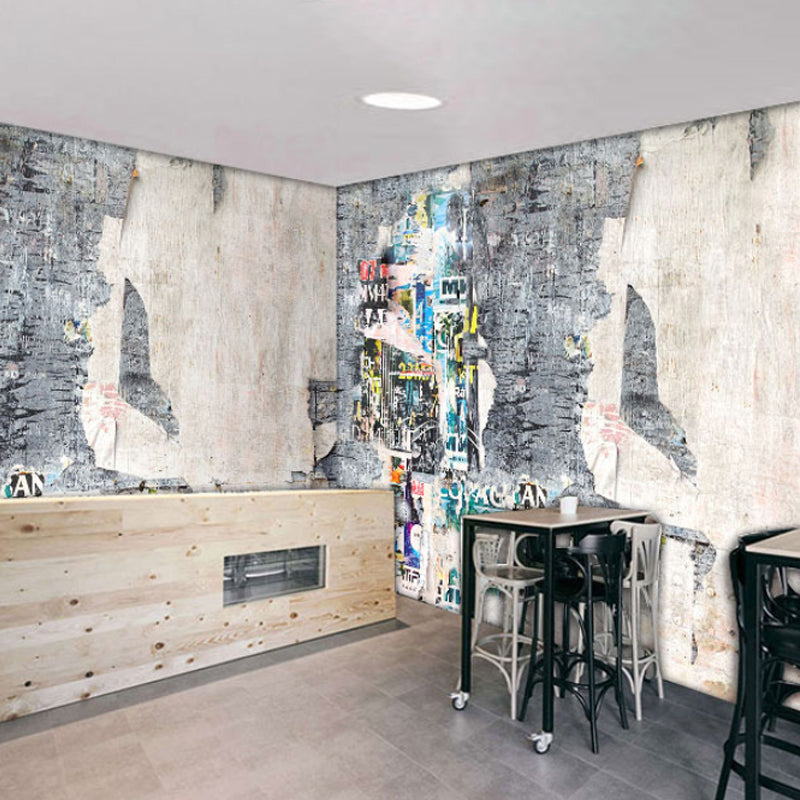 Big Illustration Industrial Mural Wallpaper for Coffee Shop with Cement Wall and Graffiti in Grey Clearhalo 'Wall Decor' 'Wall Mural' 970119