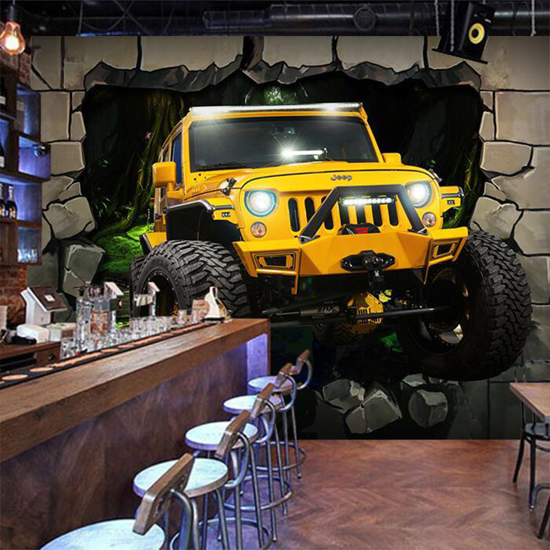 Yellow 3D Print Car Mural Wallpaper Stain-Resistant Wall Covering for Coffee Shop Yellow Clearhalo 'Wall Decor' 'Wall Mural' 970132