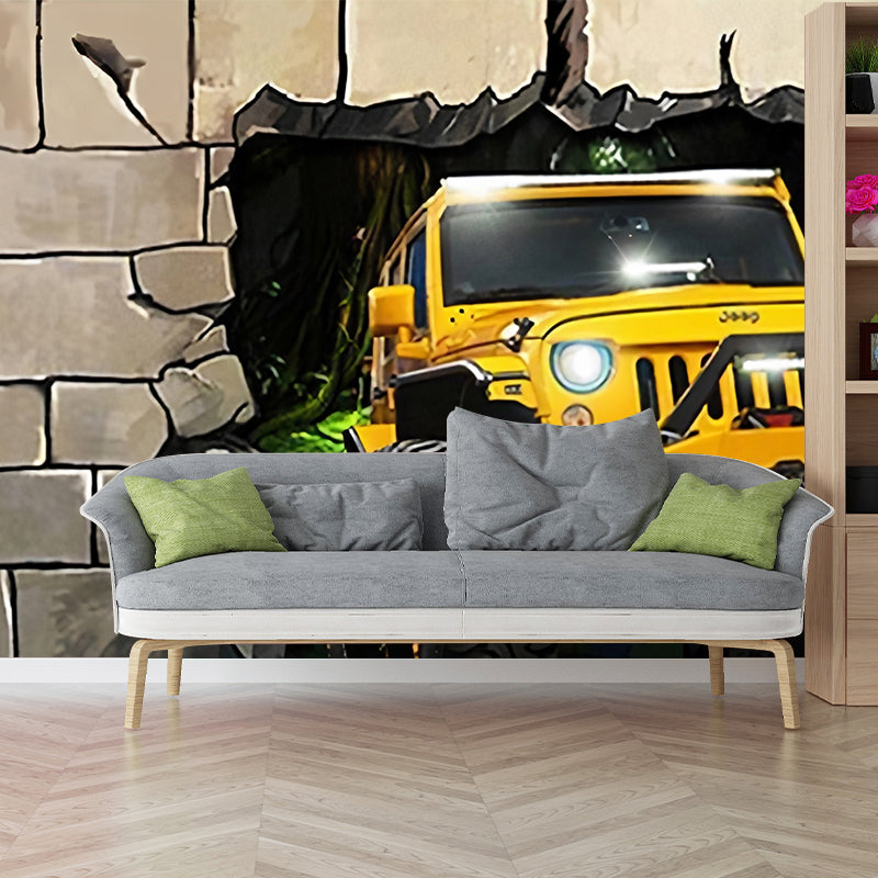 Yellow 3D Print Car Mural Wallpaper Stain-Resistant Wall Covering for Coffee Shop Clearhalo 'Wall Decor' 'Wall Mural' 970134