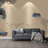 Big Lotus and Fish Mural for Living Room Watercolors Wall Art in Brown and Blue, Stain-Resistant Clearhalo 'Wall Decor' 'Wall Mural' 970152