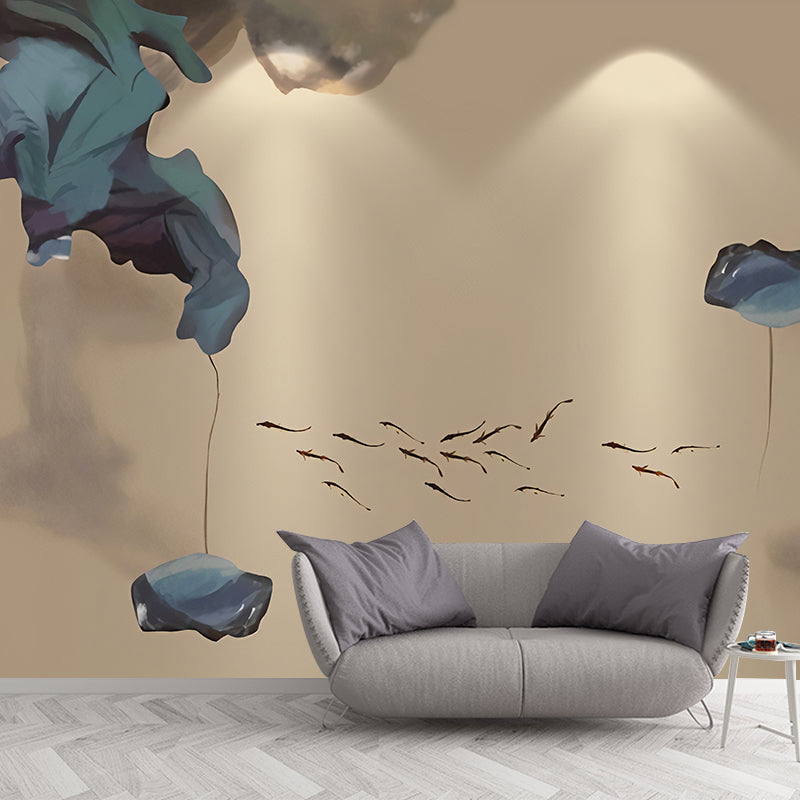 Big Lotus and Fish Mural for Living Room Watercolors Wall Art in Brown and Blue, Stain-Resistant Clearhalo 'Wall Decor' 'Wall Mural' 970153