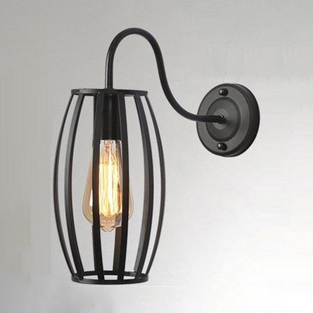 Retro Industrial Oval Cage Wall Sconce Light 1 Bulb Metallic Wall Mounted Lamp with Gooseneck Arm in Black Black Clearhalo 'Art deco wall lights' 'Cast Iron' 'Glass' 'Industrial wall lights' 'Industrial' 'Middle century wall lights' 'Modern' 'Rustic wall lights' 'Tiffany' 'Traditional wall lights' 'Wall Lamps & Sconces' 'Wall Lights' Lighting' 97229