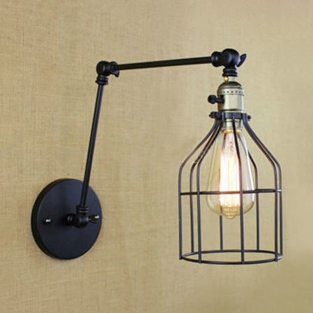 Farmhouse Adjustable Arm Wall Lamp with Birdcage Shade 1 Head Metallic Wall Fixture Light in Black Black Clearhalo 'Art deco wall lights' 'Cast Iron' 'Glass' 'Industrial wall lights' 'Industrial' 'Middle century wall lights' 'Modern' 'Rustic wall lights' 'Tiffany' 'Traditional wall lights' 'Wall Lamps & Sconces' 'Wall Lights' Lighting' 97234