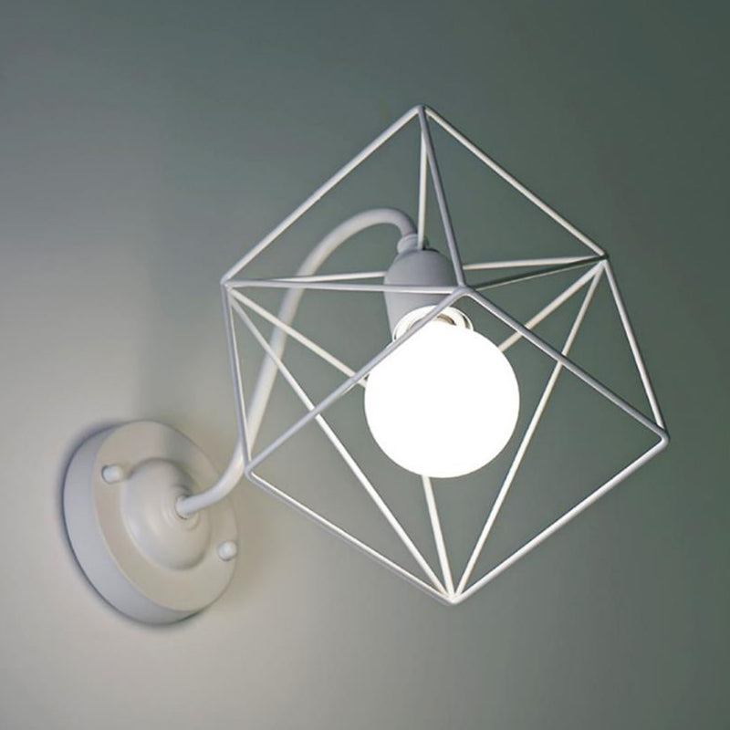 Loft Style Geometric Wall Fixture Light with Cage Shade 1 Head Metal Wall Mounted Lamp in White White Clearhalo 'Art deco wall lights' 'Cast Iron' 'Glass' 'Industrial wall lights' 'Industrial' 'Middle century wall lights' 'Modern' 'Rustic wall lights' 'Tiffany' 'Traditional wall lights' 'Wall Lamps & Sconces' 'Wall Lights' Lighting' 97242