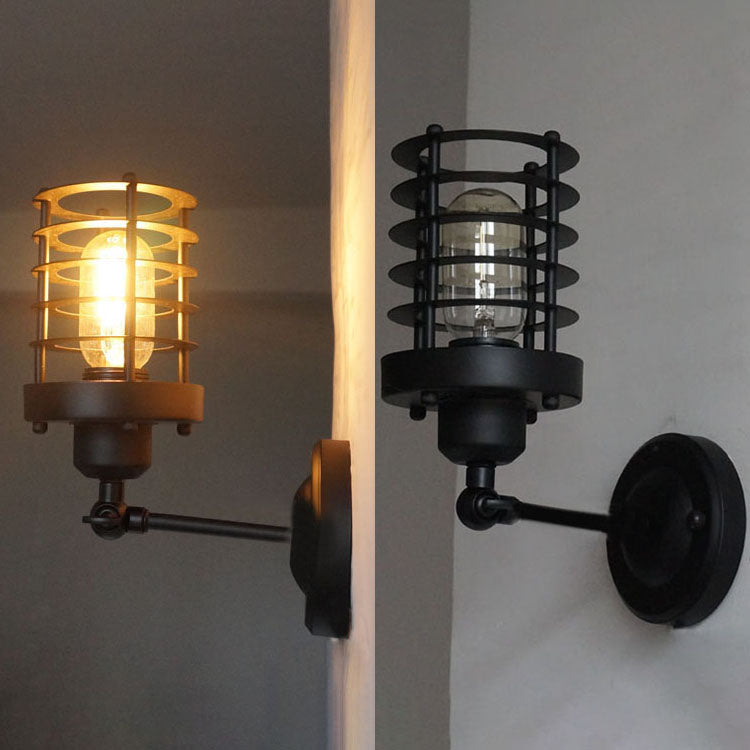 1 Head Wall Lighting with Wire Cage Metal Vintage Style Stairway Sconce Light Fixture in Black Clearhalo 'Art deco wall lights' 'Cast Iron' 'Glass' 'Industrial wall lights' 'Industrial' 'Middle century wall lights' 'Modern' 'Rustic wall lights' 'Tiffany' 'Traditional wall lights' 'Wall Lamps & Sconces' 'Wall Lights' Lighting' 97335