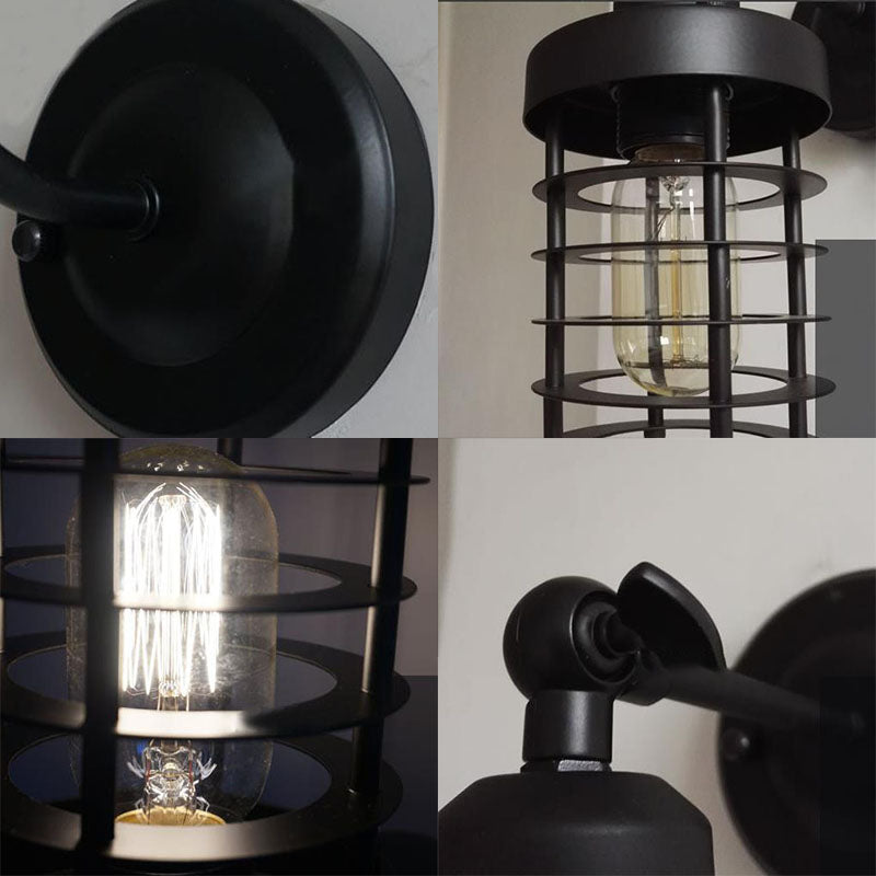 1 Head Wall Lighting with Wire Cage Metal Vintage Style Stairway Sconce Light Fixture in Black Clearhalo 'Art deco wall lights' 'Cast Iron' 'Glass' 'Industrial wall lights' 'Industrial' 'Middle century wall lights' 'Modern' 'Rustic wall lights' 'Tiffany' 'Traditional wall lights' 'Wall Lamps & Sconces' 'Wall Lights' Lighting' 97338