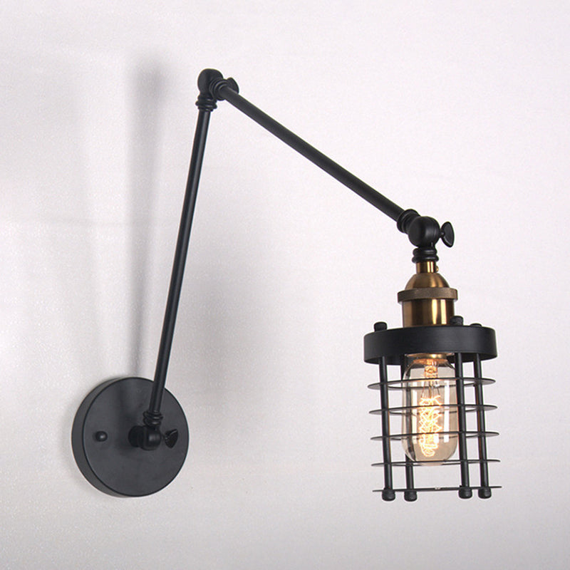 Cylindrical Cage Metal Shade Wall Lamp Retro Style 1 Light Bedroom Wall Light Fixture with Swing Arm in Black Black Clearhalo 'Art deco wall lights' 'Cast Iron' 'Glass' 'Industrial wall lights' 'Industrial' 'Middle century wall lights' 'Modern' 'Rustic wall lights' 'Tiffany' 'Traditional wall lights' 'Wall Lamps & Sconces' 'Wall Lights' Lighting' 97340