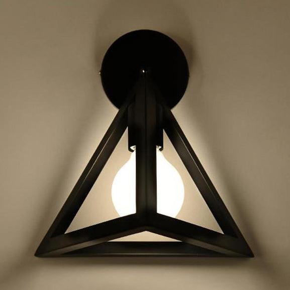 Metal Caged Wall Light Fixture with Triangle Shade Loft Style 1 Light Bedroom Wall Lamp in Black Clearhalo 'Art deco wall lights' 'Cast Iron' 'Glass' 'Industrial wall lights' 'Industrial' 'Middle century wall lights' 'Modern' 'Rustic wall lights' 'Tiffany' 'Traditional wall lights' 'Wall Lamps & Sconces' 'Wall Lights' Lighting' 97353