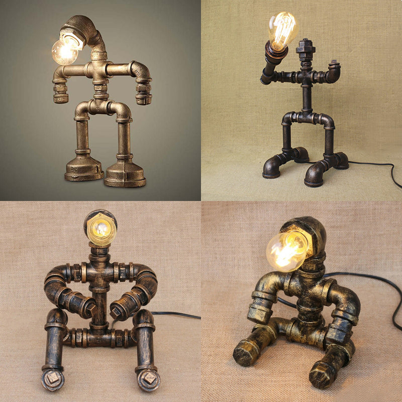 1 Head Table Light Vintage Stylish Sitting Robot Wrought Iron Table Lamp with Plumbing Pipe in Antique Brass Clearhalo 'Lamps' 'Table Lamps' Lighting' 9742