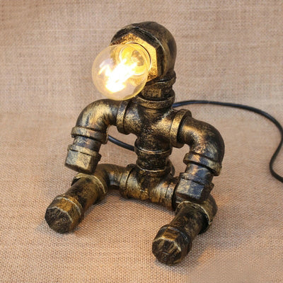 1 Head Table Light Vintage Stylish Sitting Robot Wrought Iron Table Lamp with Plumbing Pipe in Antique Brass Antique Brass A Clearhalo 'Lamps' 'Table Lamps' Lighting' 9743