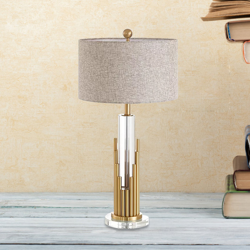 Round Shade Fabric Night Light Modernist 1 Head Flaxen Table Lamp with Gold Fluted Base Clearhalo 'Lamps' 'Table Lamps' Lighting' 974349