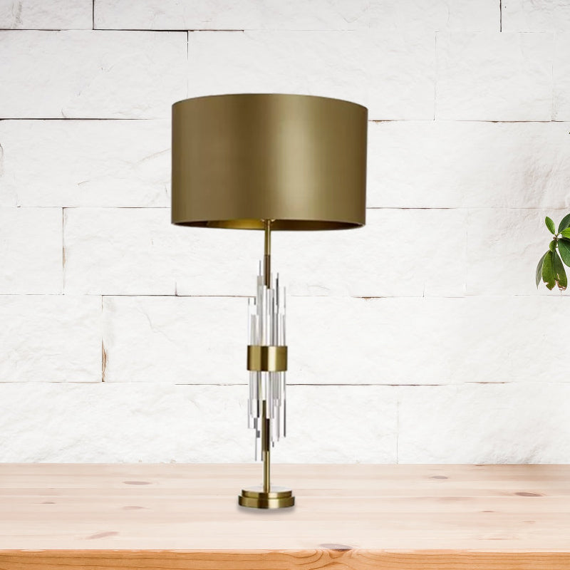 Gold Drum Table Light Minimalist 1-Light 13"/15" Wide Fabric Nightstand Lamp with Prismatic Crystal Accent Gold Clearhalo 'Lamps' 'Table Lamps' Lighting' 974354