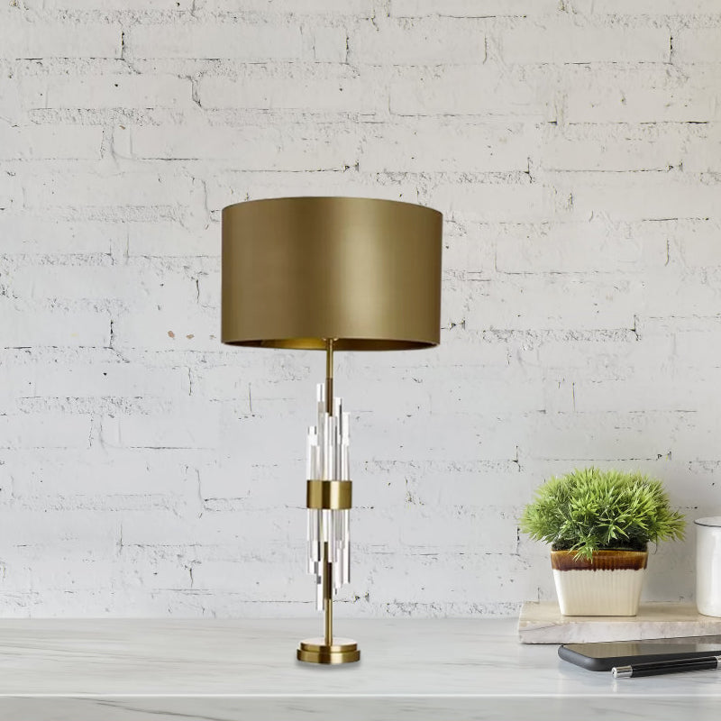 Gold Drum Table Light Minimalist 1-Light 13"/15" Wide Fabric Nightstand Lamp with Prismatic Crystal Accent Clearhalo 'Lamps' 'Table Lamps' Lighting' 974355