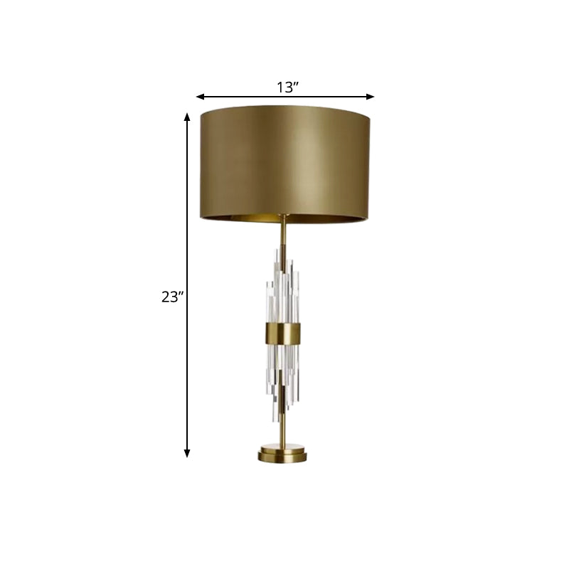 Gold Drum Table Light Minimalist 1-Light 13"/15" Wide Fabric Nightstand Lamp with Prismatic Crystal Accent Clearhalo 'Lamps' 'Table Lamps' Lighting' 974357