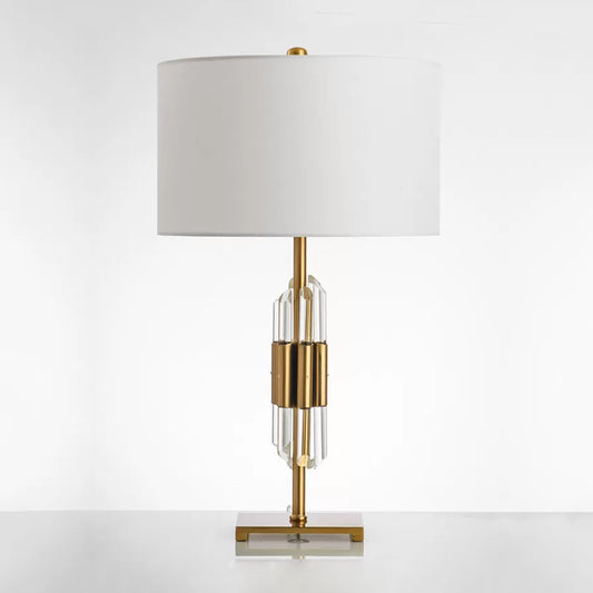 Crystal Rod Nightstand Light Postmodern Single White and Gold Table Lamp with Drum Fabric Shade White Clearhalo 'Lamps' 'Table Lamps' Lighting' 974359