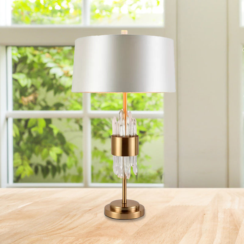 1 Head Living Room Table Light Postmodern White-Brass Nightstand Lamp with Round Fabric Shade Clearhalo 'Lamps' 'Table Lamps' Lighting' 974365