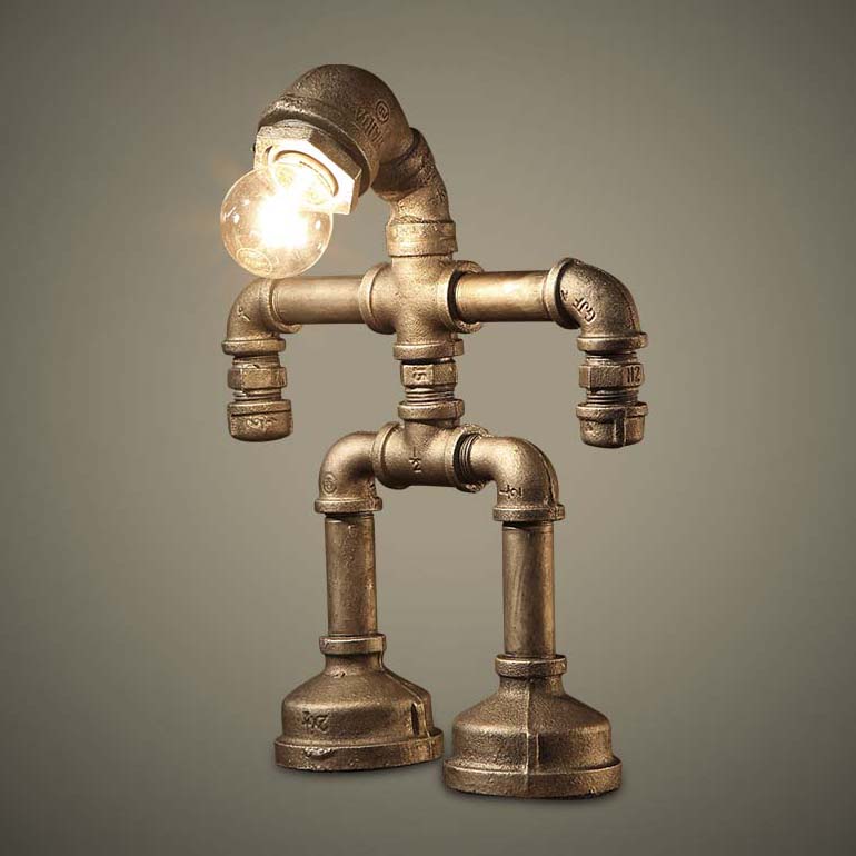 1 Head Table Light Vintage Stylish Sitting Robot Wrought Iron Table Lamp with Plumbing Pipe in Antique Brass Antique Brass C Clearhalo 'Lamps' 'Table Lamps' Lighting' 9748