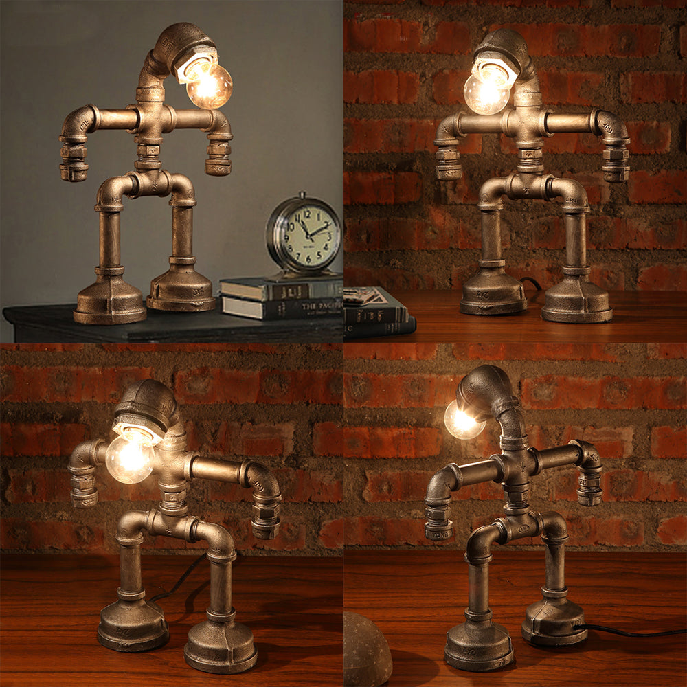1 Head Table Light Vintage Stylish Sitting Robot Wrought Iron Table Lamp with Plumbing Pipe in Antique Brass Clearhalo 'Lamps' 'Table Lamps' Lighting' 9749