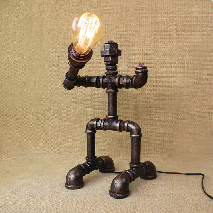 1 Head Table Light Vintage Stylish Sitting Robot Wrought Iron Table Lamp  with Plumbing Pipe in Antique Brass