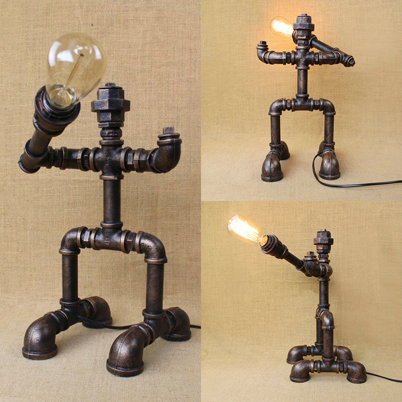 1 Head Table Light Vintage Stylish Sitting Robot Wrought Iron Table Lamp with Plumbing Pipe in Antique Brass Clearhalo 'Lamps' 'Table Lamps' Lighting' 9751