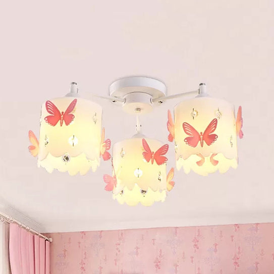 Contemporary Cylinder Semi Flush Ceiling Light with Etched Butterfly Acrylic Pink Ceiling Light Clearhalo 'Ceiling Lights' 'Close To Ceiling Lights' 'Close to ceiling' 'Semi-flushmount' Lighting' 97579