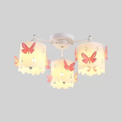 Contemporary Cylinder Semi Flush Ceiling Light with Etched Butterfly Acrylic Pink Ceiling Light Pink Clearhalo 'Ceiling Lights' 'Close To Ceiling Lights' 'Close to ceiling' 'Semi-flushmount' Lighting' 97580