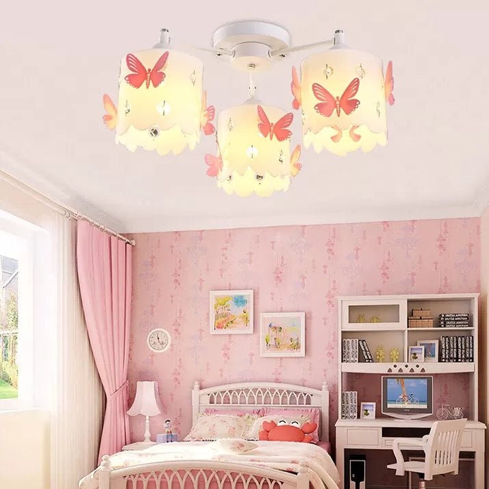 Contemporary Cylinder Semi Flush Ceiling Light with Etched Butterfly Acrylic Pink Ceiling Light Clearhalo 'Ceiling Lights' 'Close To Ceiling Lights' 'Close to ceiling' 'Semi-flushmount' Lighting' 97581