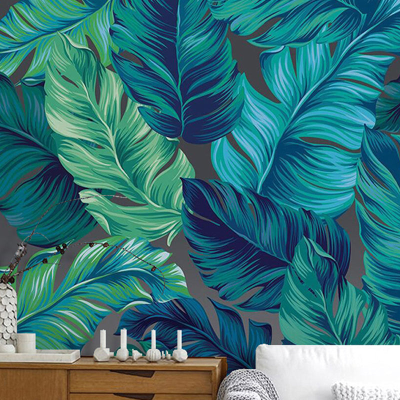 Whole Illustration Minimalist Wall Mural for Home Decoration with Banana Leaves in Green and Blue Clearhalo 'Wall Decor' 'Wall Mural' 976976