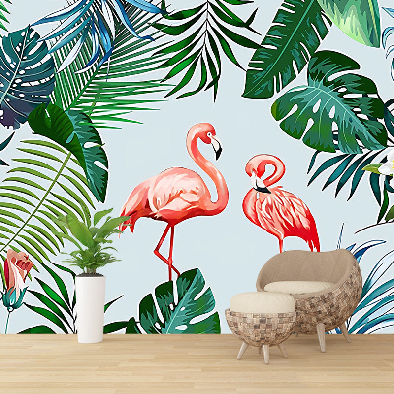 Whole Simple Wall Mural Pink and Green Flamingo and Banana Leaf Wall Art, Custom-Printed Green-Red Clearhalo 'Wall Decor' 'Wall Mural' 977071