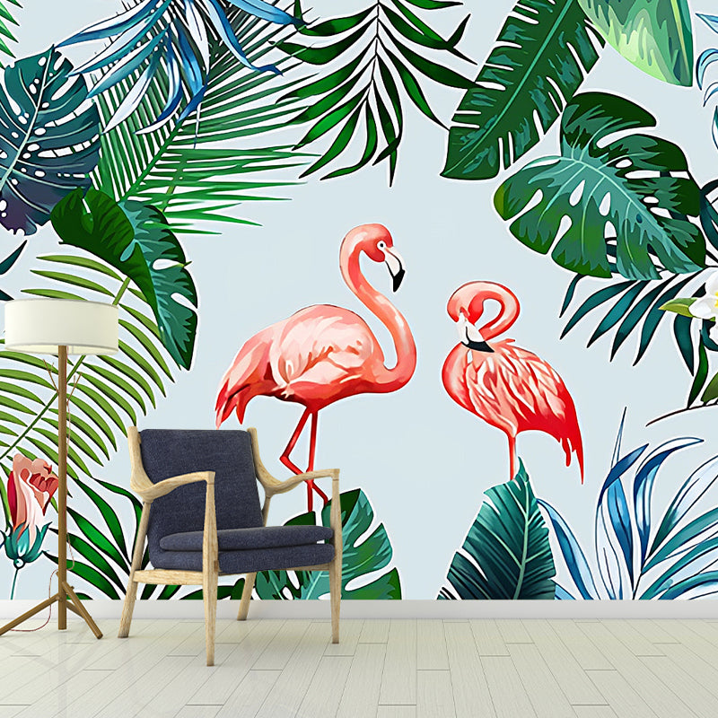 Whole Simple Wall Mural Pink and Green Flamingo and Banana Leaf Wall Art, Custom-Printed Clearhalo 'Wall Decor' 'Wall Mural' 977072