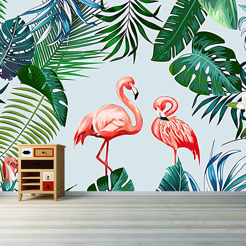 Whole Simple Wall Mural Pink and Green Flamingo and Banana Leaf Wall Art, Custom-Printed Clearhalo 'Wall Decor' 'Wall Mural' 977073