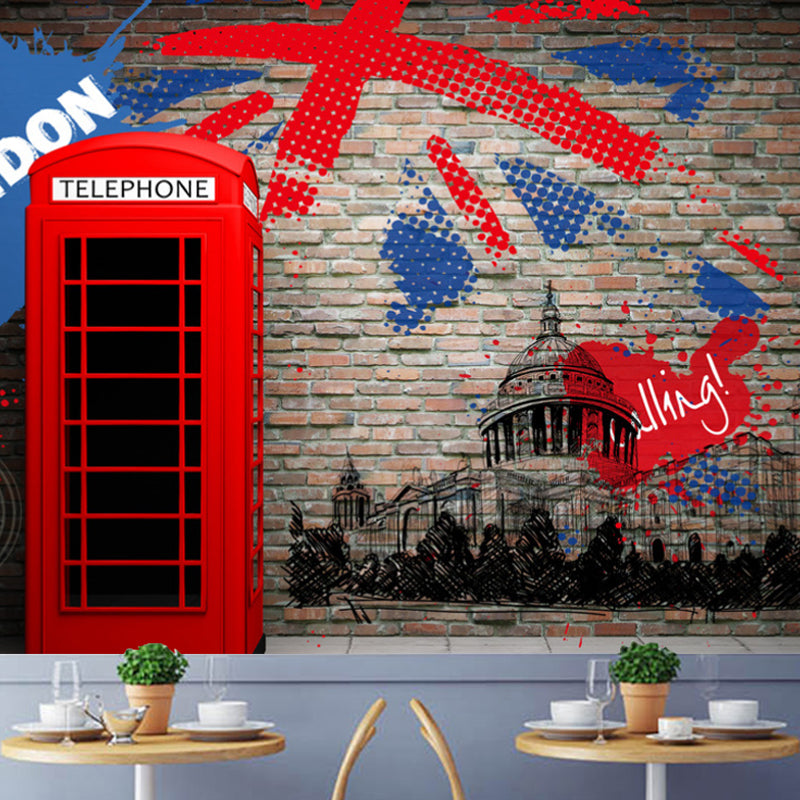 Stain-Resistant Telephone Booth Mural Non-Woven Fabric Nostalgic Wall Art for Coffee Shop Red-Blue Clearhalo 'Wall Decor' 'Wall Mural' 977144