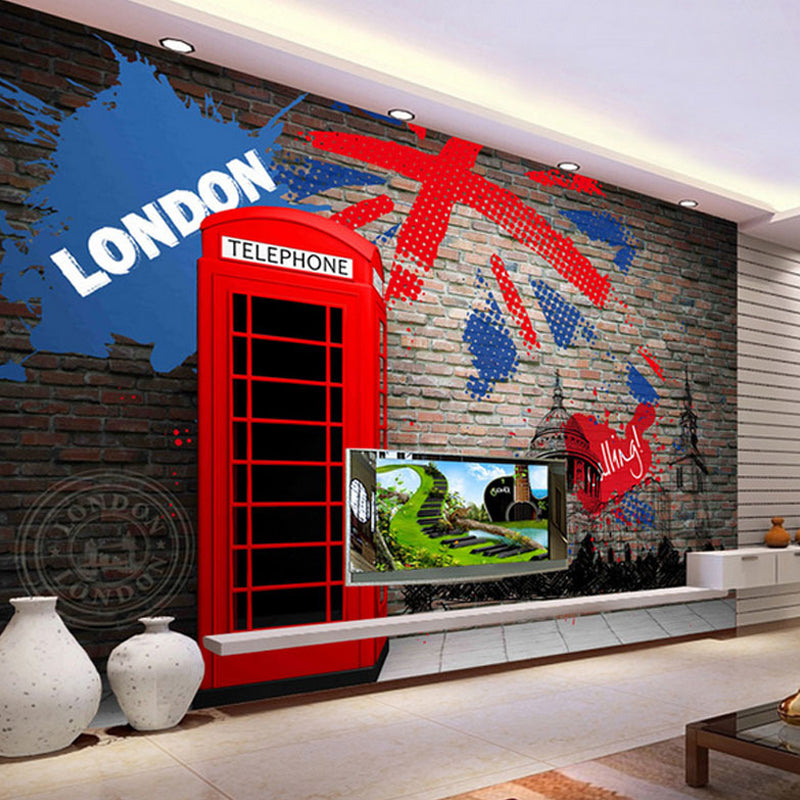 Stain-Resistant Telephone Booth Mural Non-Woven Fabric Nostalgic Wall Art for Coffee Shop Clearhalo 'Wall Decor' 'Wall Mural' 977146