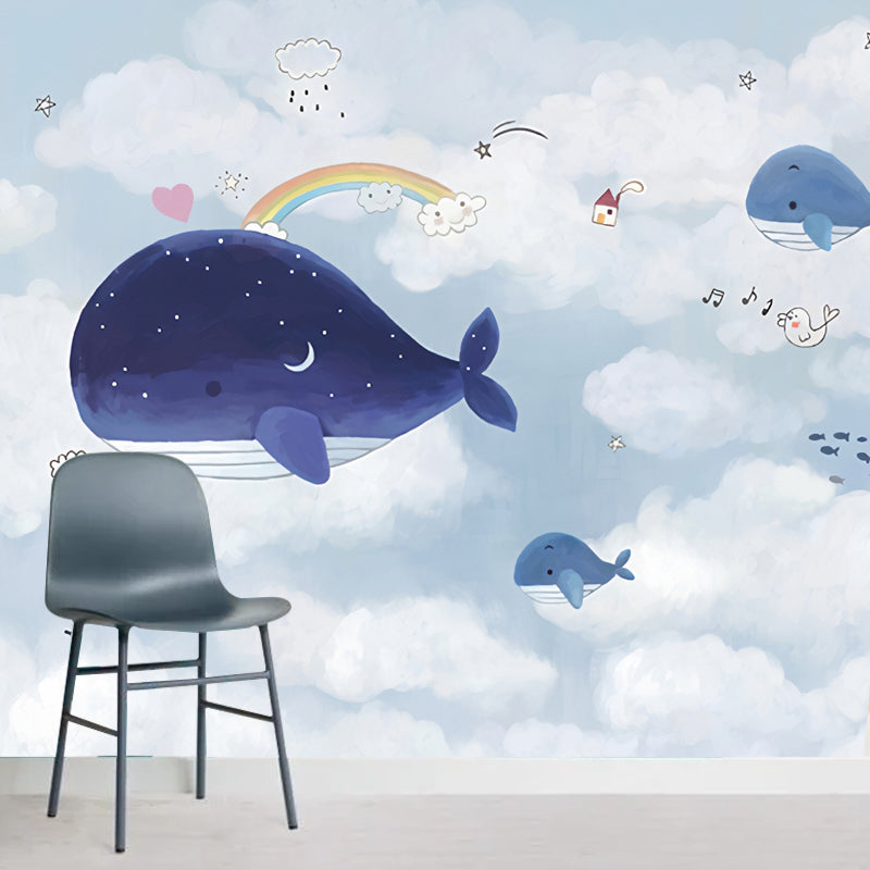 Blue and White Whale Mural Wallpaper Water-Resistant Wall Covering for Boy or Girl Clearhalo 'Wall Decor' 'Wall Mural' 977160