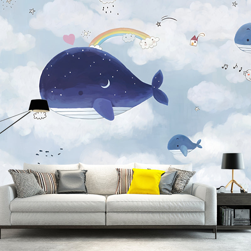 Blue and White Whale Mural Wallpaper Water-Resistant Wall Covering for Boy or Girl Clearhalo 'Wall Decor' 'Wall Mural' 977161