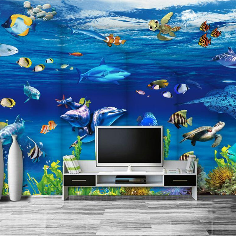 Undersea Animal Wall Mural Decal in Blue, Contemporary Wall Covering for Children's Bedroom Clearhalo 'Wall Decor' 'Wall Mural' 977175