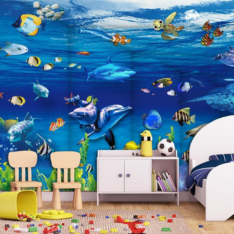 Undersea Animal Wall Mural Decal in Blue, Contemporary Wall Covering for Children's Bedroom Clearhalo 'Wall Decor' 'Wall Mural' 977176