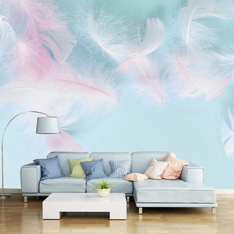 Blue and Pink Feather Mural Wallpaper Water-Resistant Wall Art for Girl's Bedroom Pink-Blue Clearhalo 'Wall Decor' 'Wall Mural' 977339