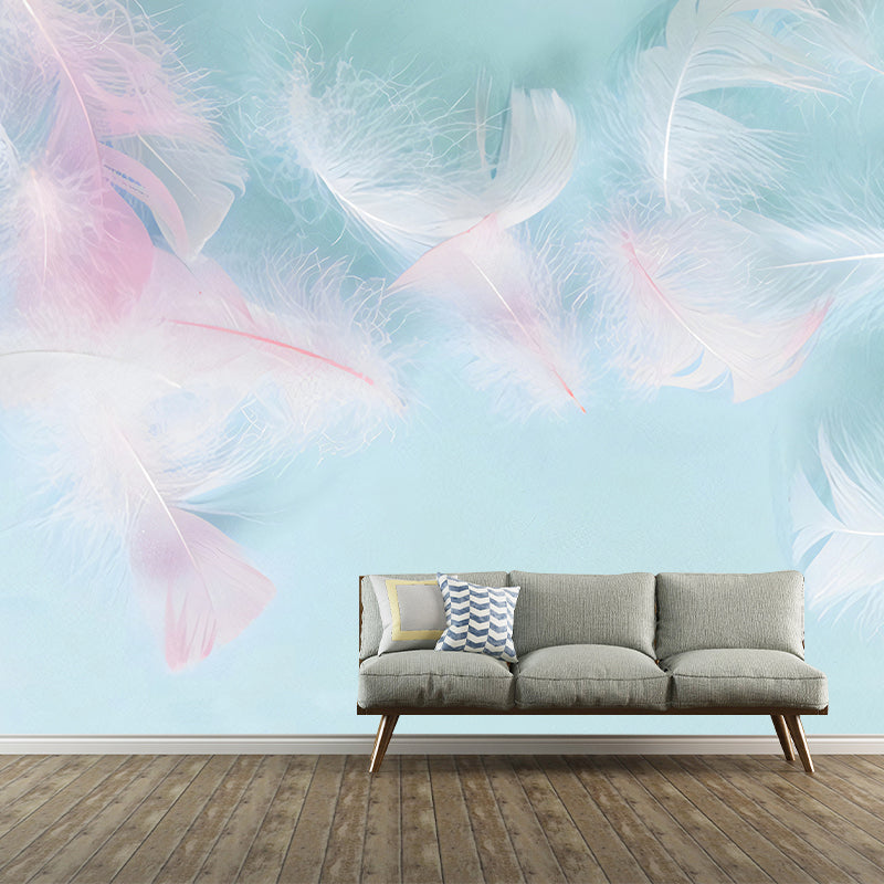 Blue and Pink Feather Mural Wallpaper Water-Resistant Wall Art for Girl's Bedroom Clearhalo 'Wall Decor' 'Wall Mural' 977340